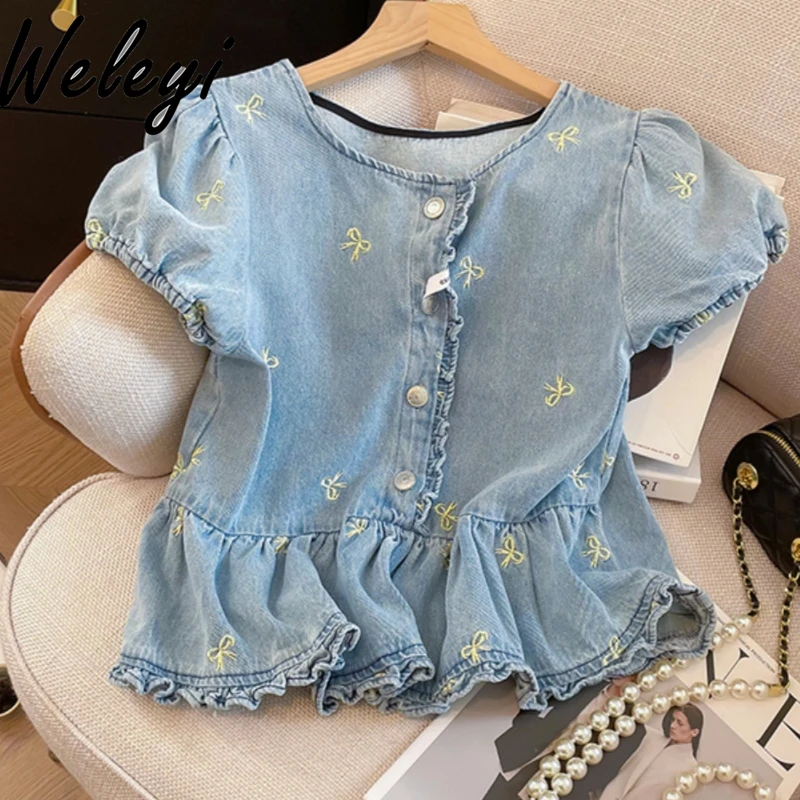 

Sweet Butterfly Floral Embroidery Denim Top Ladies Summer New Elegant Short Bubble Sleeves Crew Neck Waist Fungus Edge Blouses