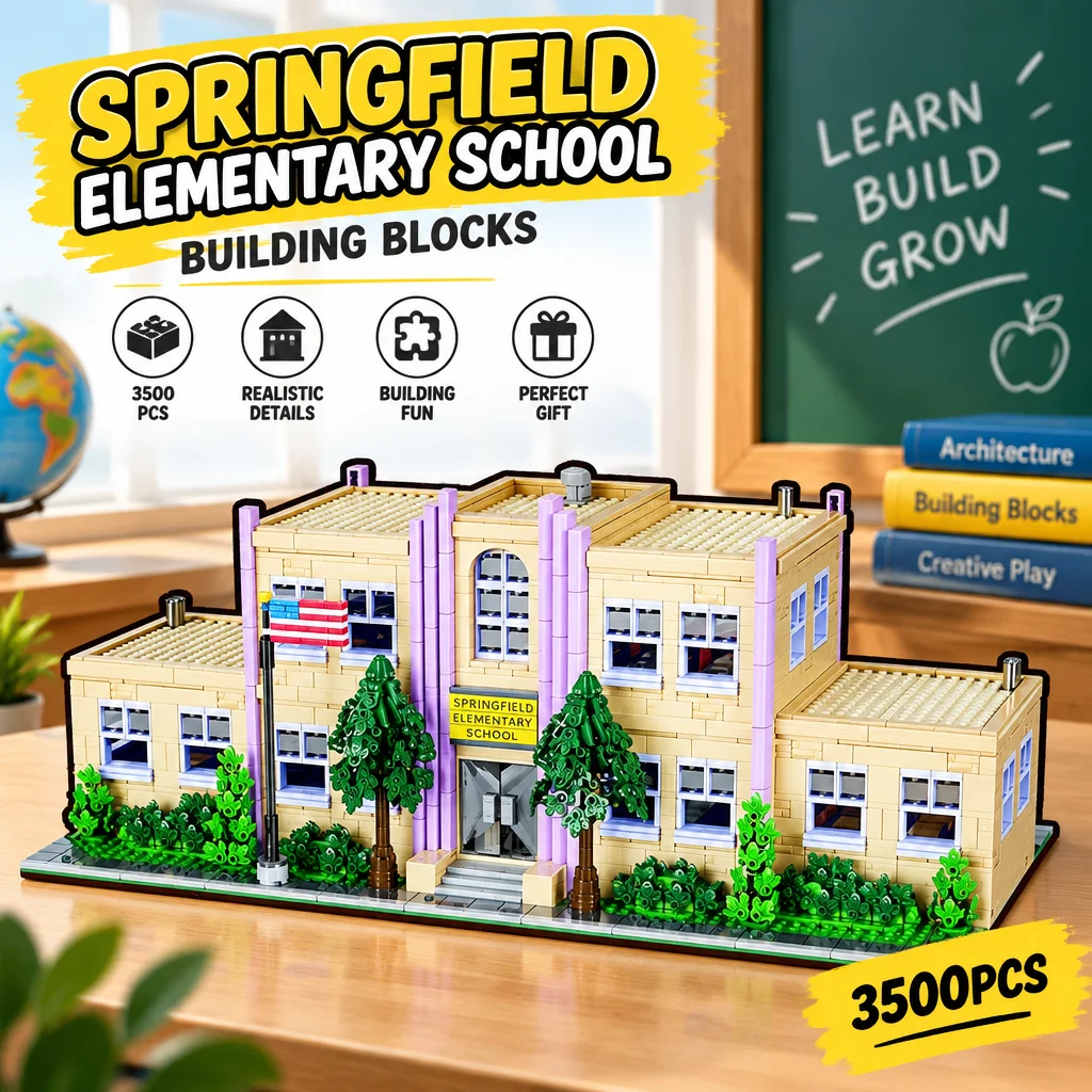 3500 pezzi, set di mattoncini da costruzione creativi a tema anime, scuola elementare Springfield, modello di architettura modulare, scuola di un paese classico, mattoncini per assemblaggio fai-da-te,