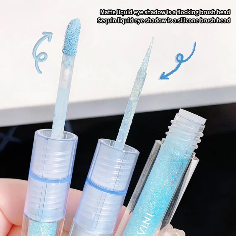 Cappuvini 2-in-1 Liquid Eye Shadow Blue Green Matte & Pearlescent with Sequins Brightening Eye Makeup Silkworm Beauty Tool