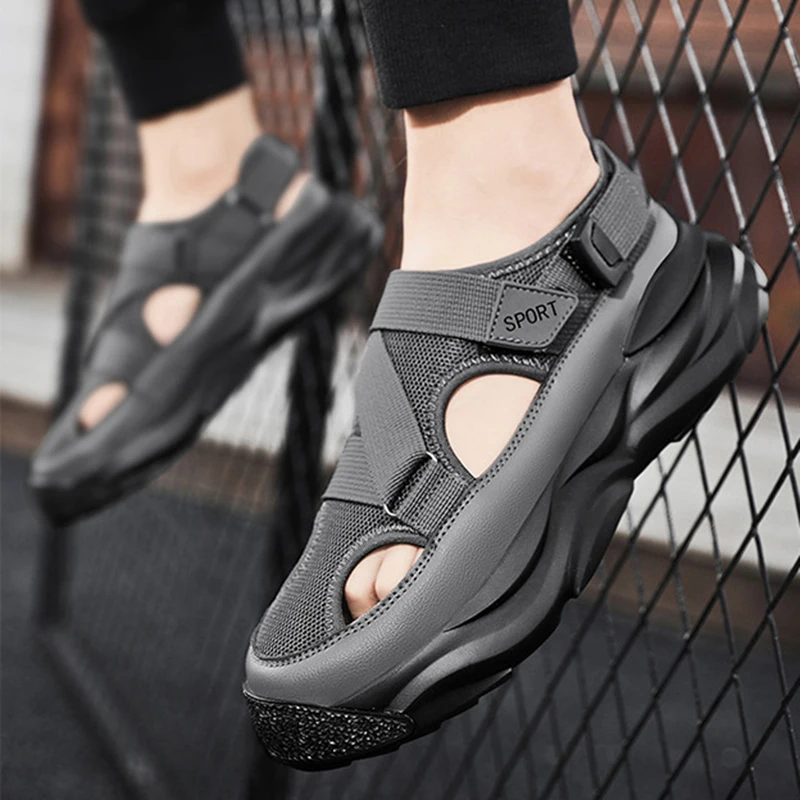 Men's Sandals Comfortable Mesh Magic Tape Sneakers Breathable Hollow Out Soft Bottom Slip-On Casual Shoes for Man Big Size 39-47