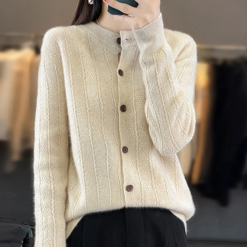 ZYCZCXX 100% Merino Wool Women\'s Sweater Cardigan 2024 Autumn/Winter new crewneck knitted jacquard cardigan women\'s Korean top