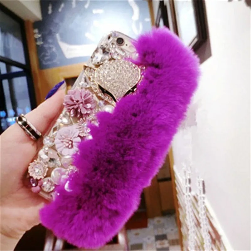 Warm Fluffy Rabbit Fur Bling Diamonds Pearl jewelry Phone Case Cover For Xiaomi Redmi 9A 9C Note8 9Pro Note10S Note11 Pro 12Pro