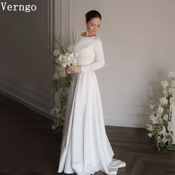Verngo lvory Satin Wedding Dress O Neck Full Sleeves A Line Bride Gowns Swap Train Formal Saudi Arabic Bridal Dresses 2025