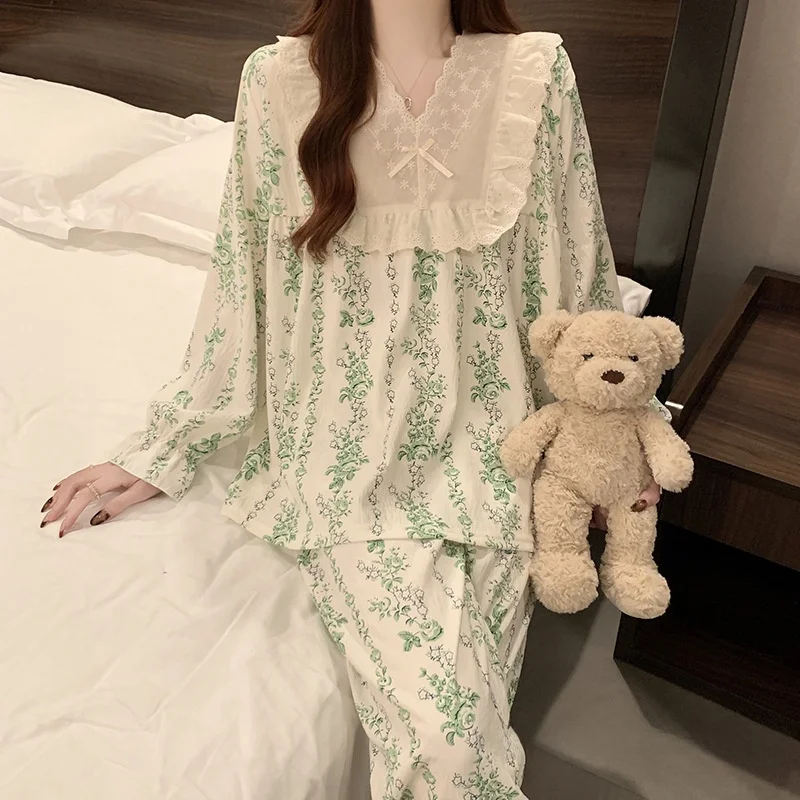 

Princess Style Long Sleeve Sleepwear Set Casual Loose Comfortable Home Clothes V-Neck Button-Down Spring Autumn New Arrival