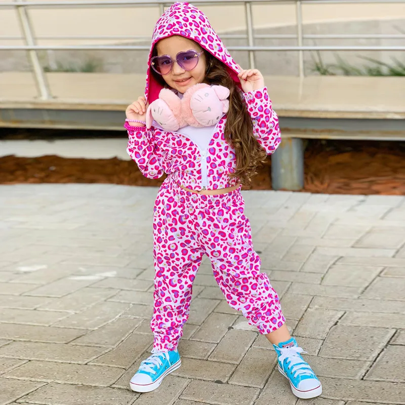 Kids Clothes Girls Casual Pink Leopard Print Long Sleeve Foot Binding Sports Hoodie Set 2 Piece Sets Womens Outfits  4-6y