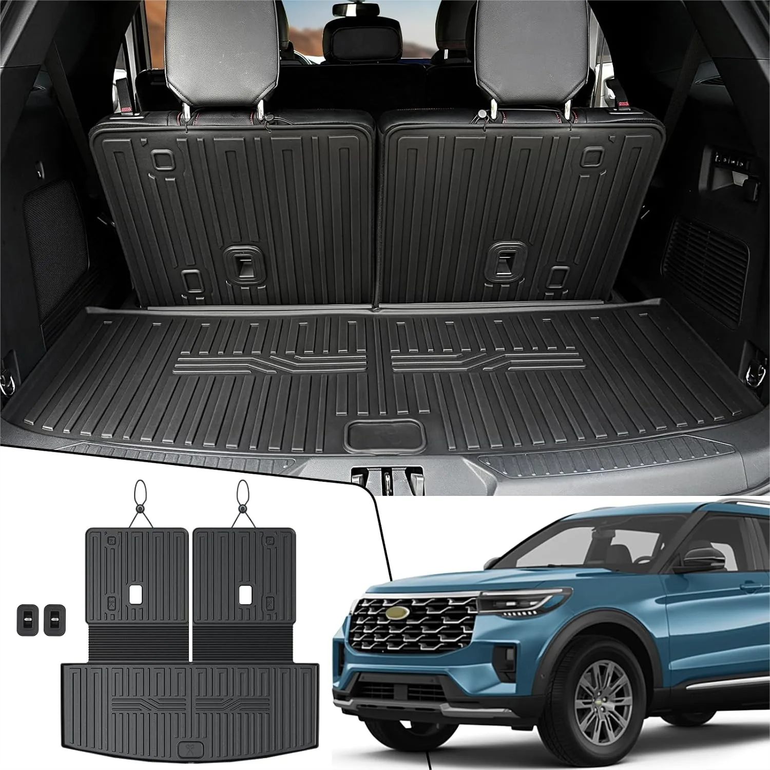 

All Weather TPE Cargo Mat with Backrest for 2020-2026 Ford Explorer 6&7 Seats, Trunk Liner with Hook and Loop Fasteners