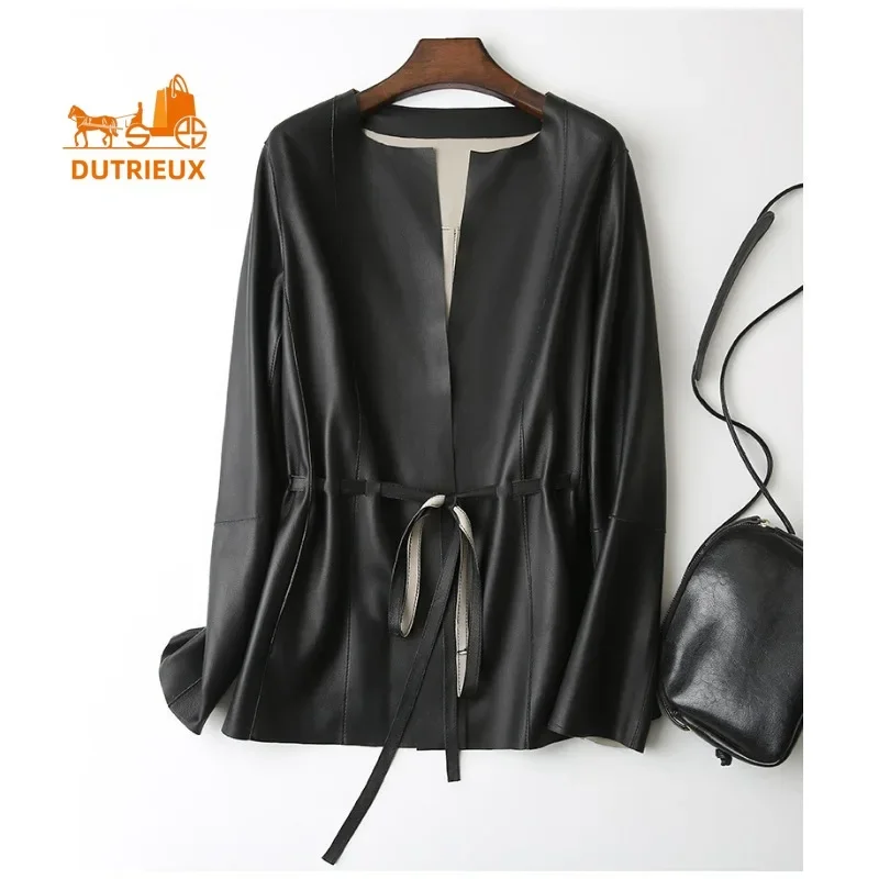 Genuine Leather Jacket for Women, New Winter Top Layer Sheepskin Mid-length Leather Jacket, Cowhide Simple Temperament Jacket