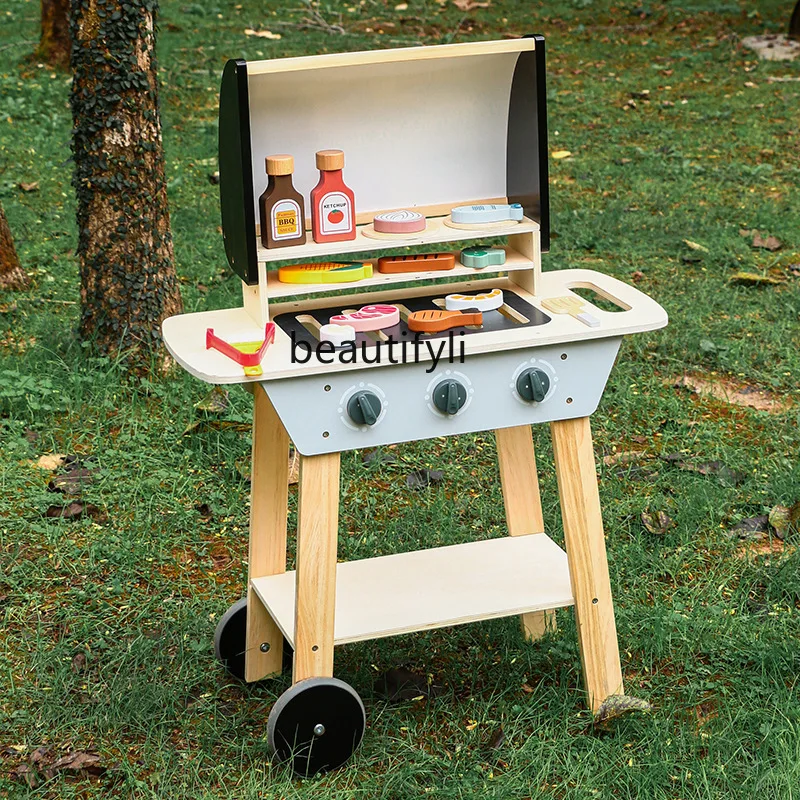 Children's baby barbecue toy set wooden wooden educational child stroller