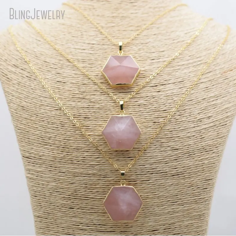 10pcs Rose Quartz Pendant  Gold Color Chain Necklace Women Healing Crystal Hexagon Pink Birthstone Emo Wicca Minimal Jewelry