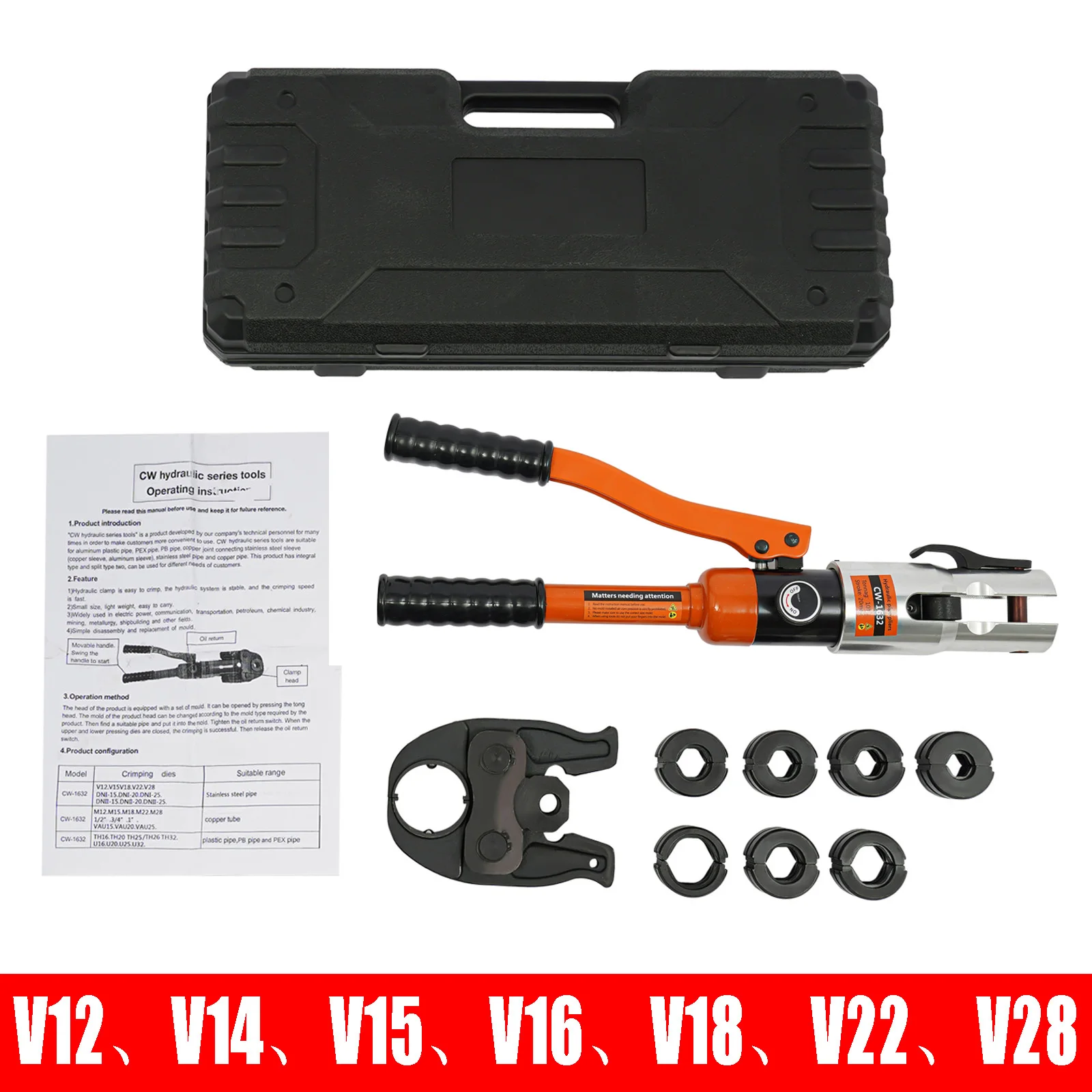 Pinza per crimpare tubi idraulici per raccordi per tubi in rame per acciaio inossidabile, ganasce tipo 7 V V12, V14, V16, 18, 15, 22, 28 mm (Pro