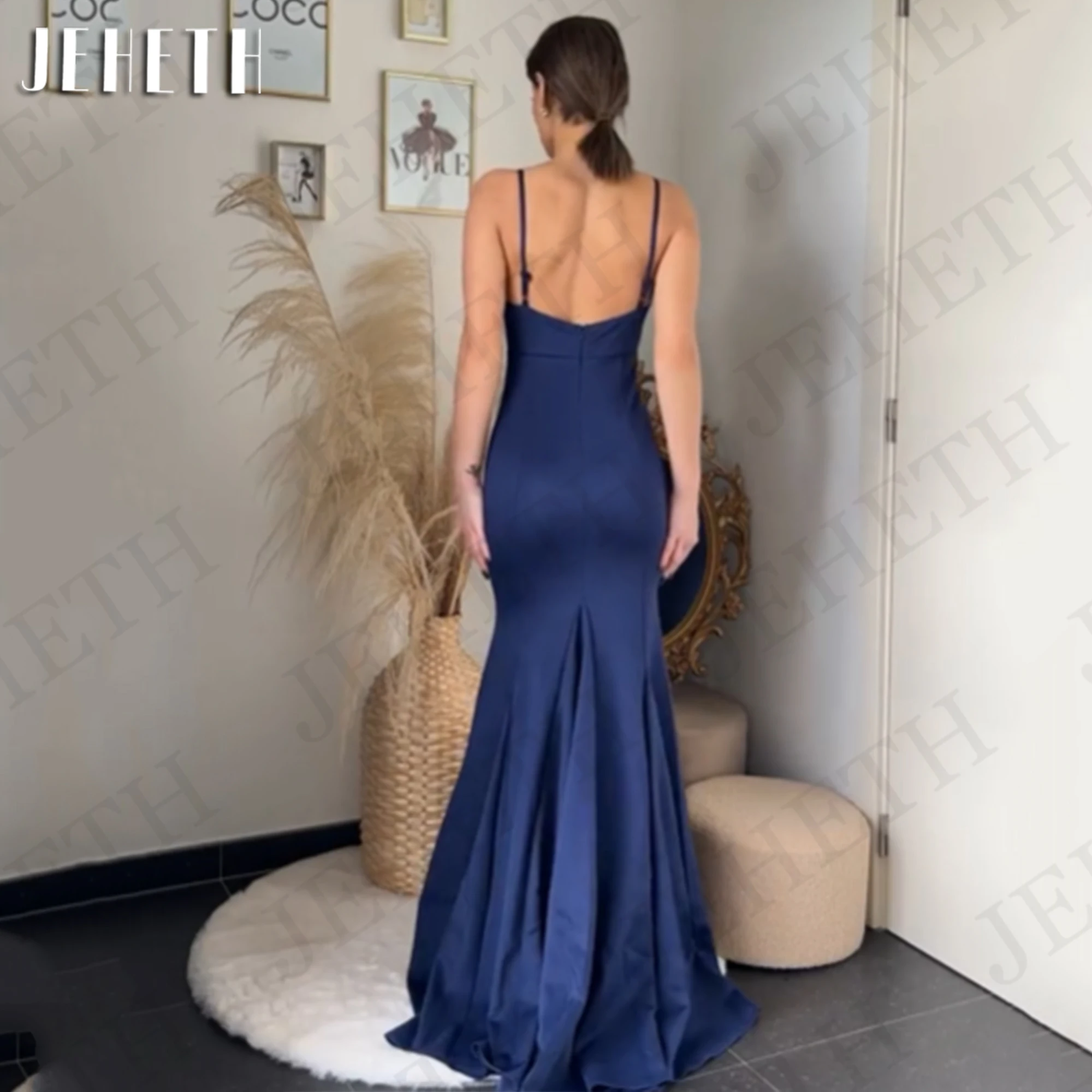 JEHETH Modern Mermaid Evening Dress Sweep Train Navy Blue Open Back Satin Banquet Dresses Spaghetti Straps Sweetheart Party