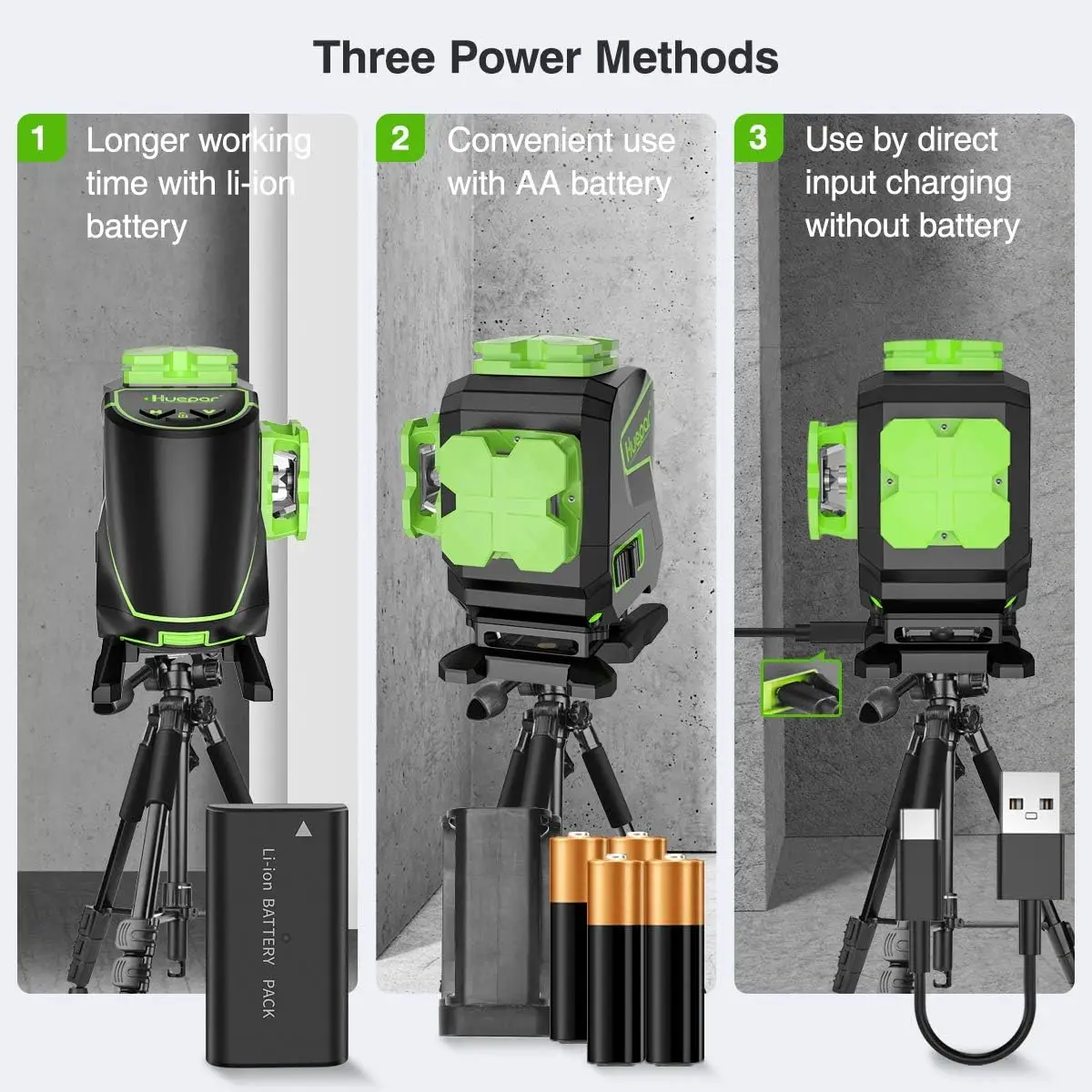 Huepar 3x360 Cross Line Laser Level 3D Self-leveling Osram Diode Green Beam Tiling Floor Laser Tools Vertical & Horizontal Lines