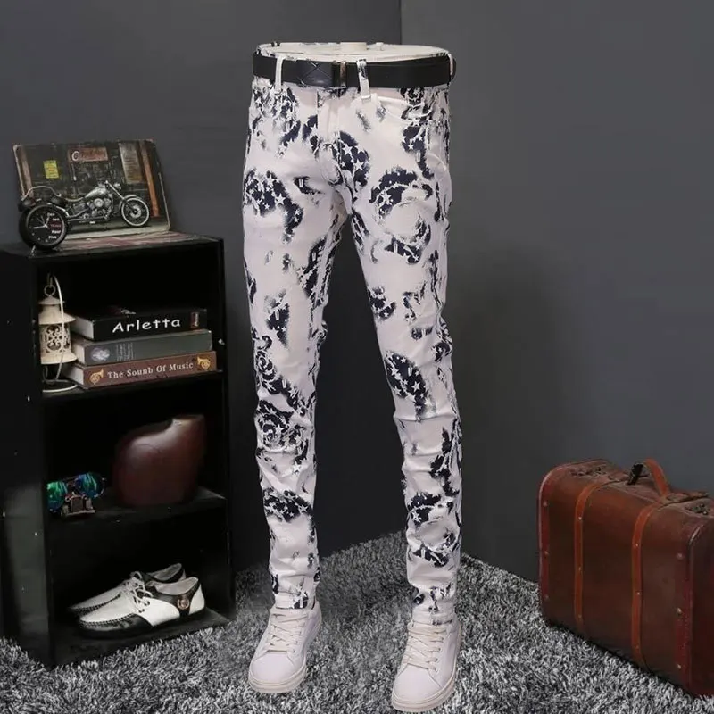 Personalized Print Designer Street Men's Pant Pantalon Homme Trendy Men's Jeans Without Belt Punk Denim Long Pants Hip Hop Jeans