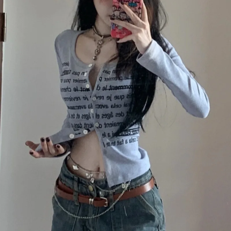 Deeptown Y2K Vintage Langarm T-Shirts Frau koreanischen Stil kurz gestrickte Strickjacken Gyaru lässig O-Ausschnitt Tops 1920er Jahre Brief druck