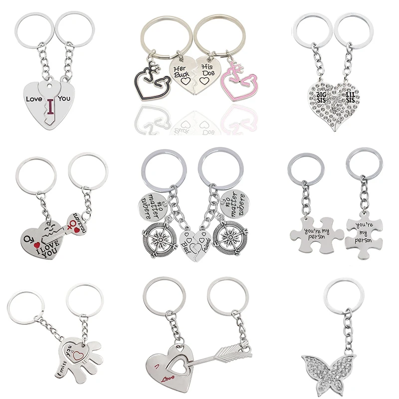 2 Pcs/Set Puzzle Keychain Letter for Couple Broken Montage Heart Palm Geometric Double Key Ring Women Jewelry Accessories Gift