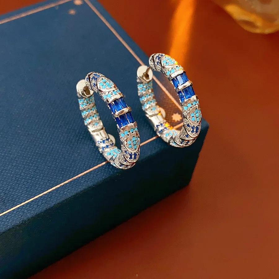 

Геометрические круглые серьги-кольца с застежкой, женские модные украшения для вечеринок, подарки, ретро-роскошные серьги-кольца с синим цирконом для женщин