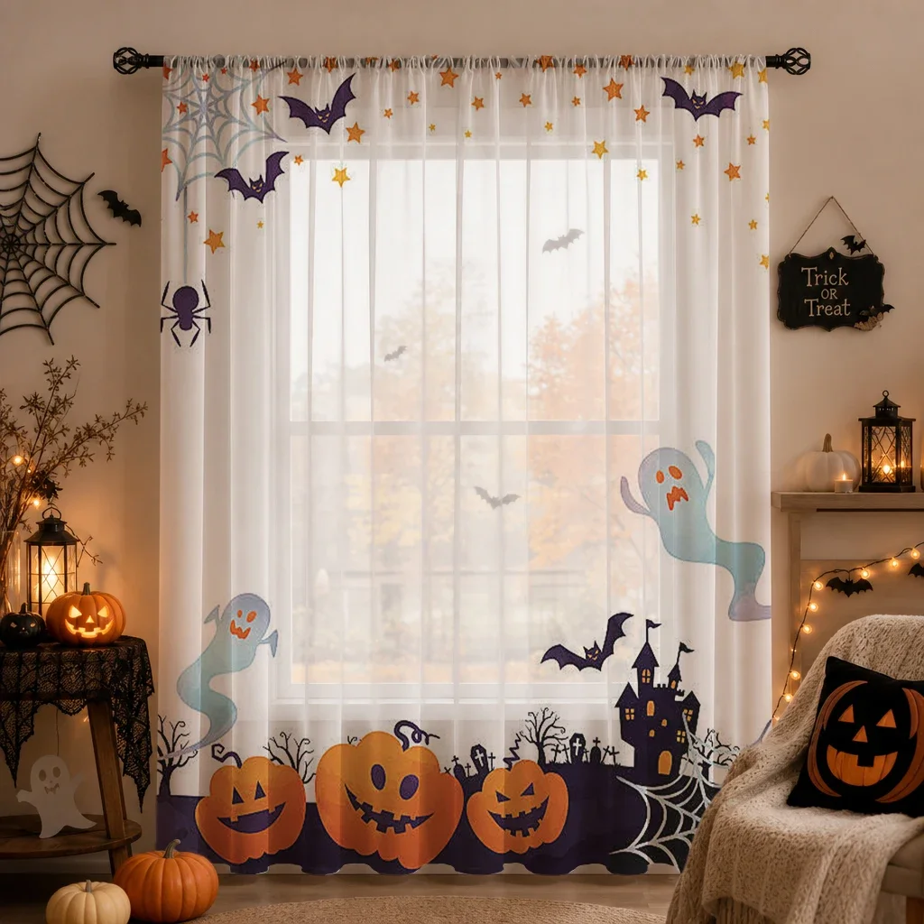 Halloween Festival Sheer Curtain, Good Quality Light Reducing Privacy Voile For Living/Bedroom/Kids Room,Halloween Festival Gift