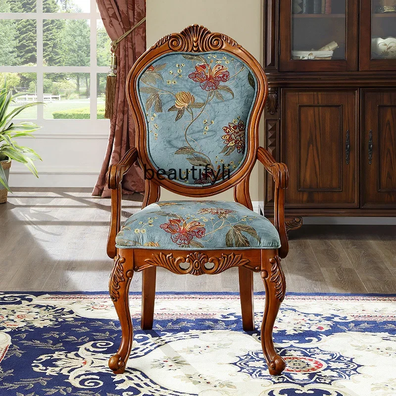 

ss25 European retro all-solid wood dining chair home backrest with armrest makeup stool study computer chair