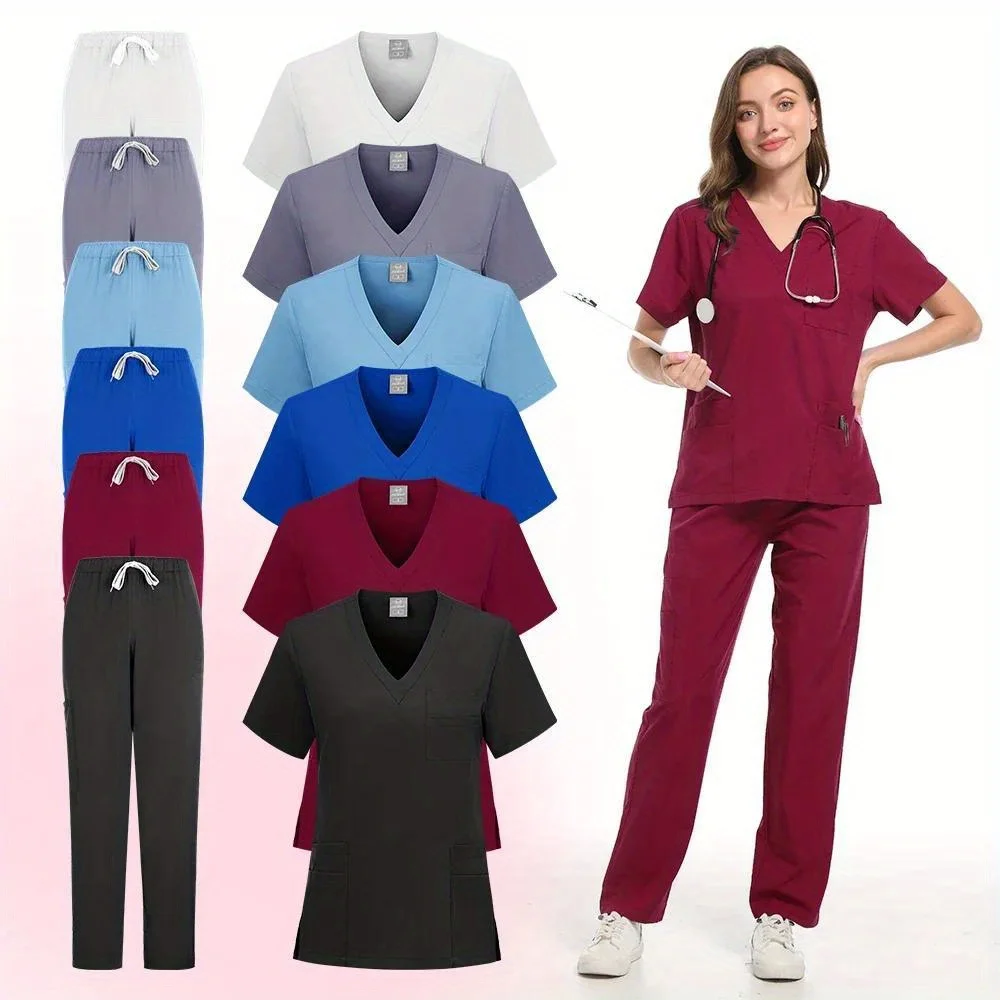

Новая униформа медсестры, эластичные однотонные топы, брюки, женские и мужские брюки-скрабы, ветеринарная больничная форма для домашних животных, наборы скрабов