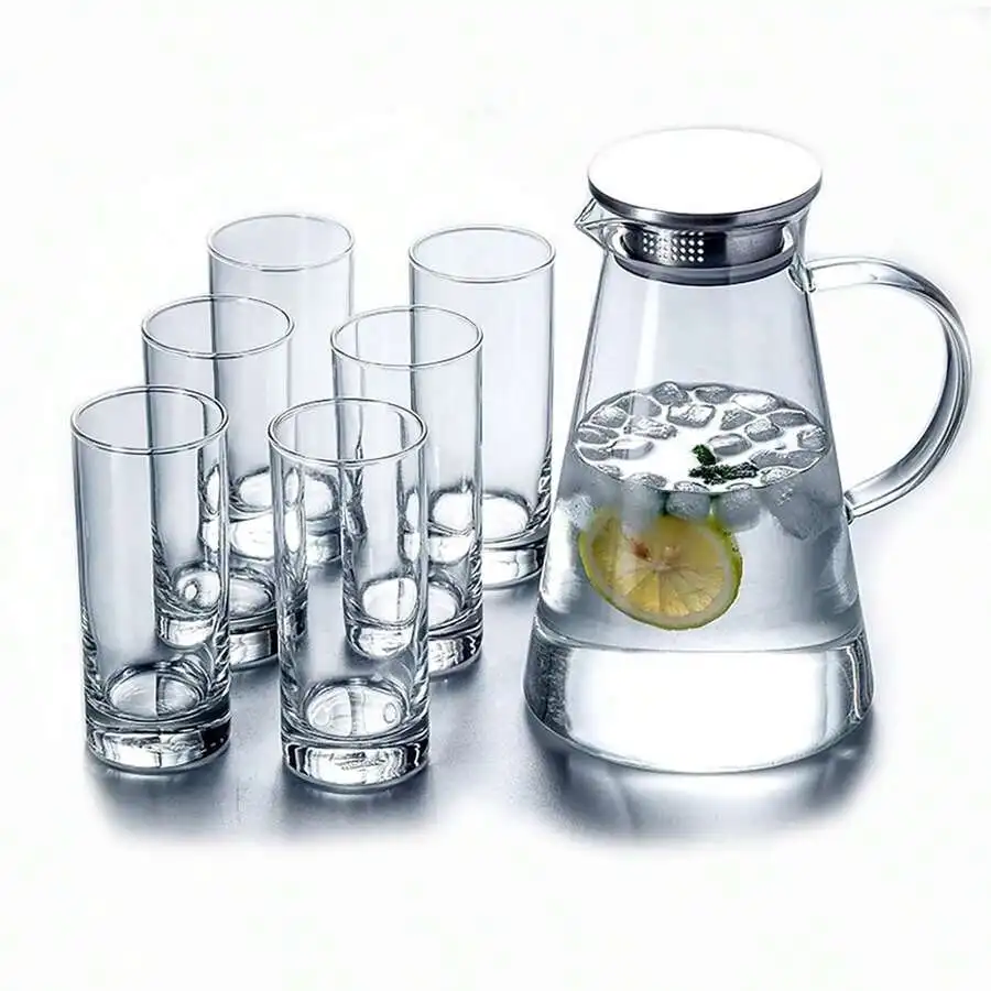 7-Pcs Glass Pitcher Set Jug With 6 Water Glasses Tumbler Cups Lid Carafe Jug With Spout Handle For Hot/Cold Tea Beverage