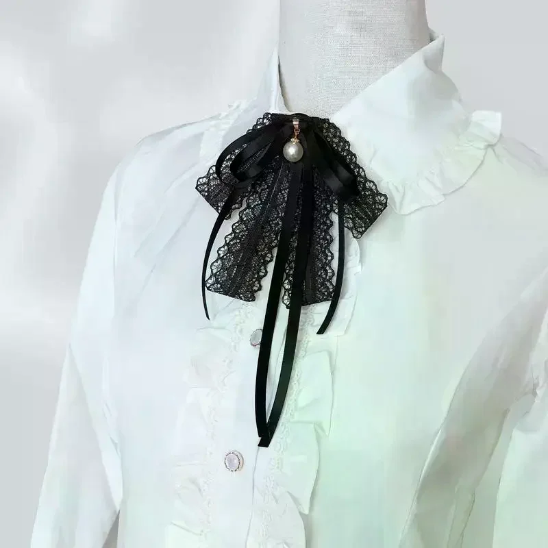 Fashion Black Lace Ribbon Bow Tie Pearl Pendant Brooch Women Shirt Collar Clothes Necktie Decoration Accessories