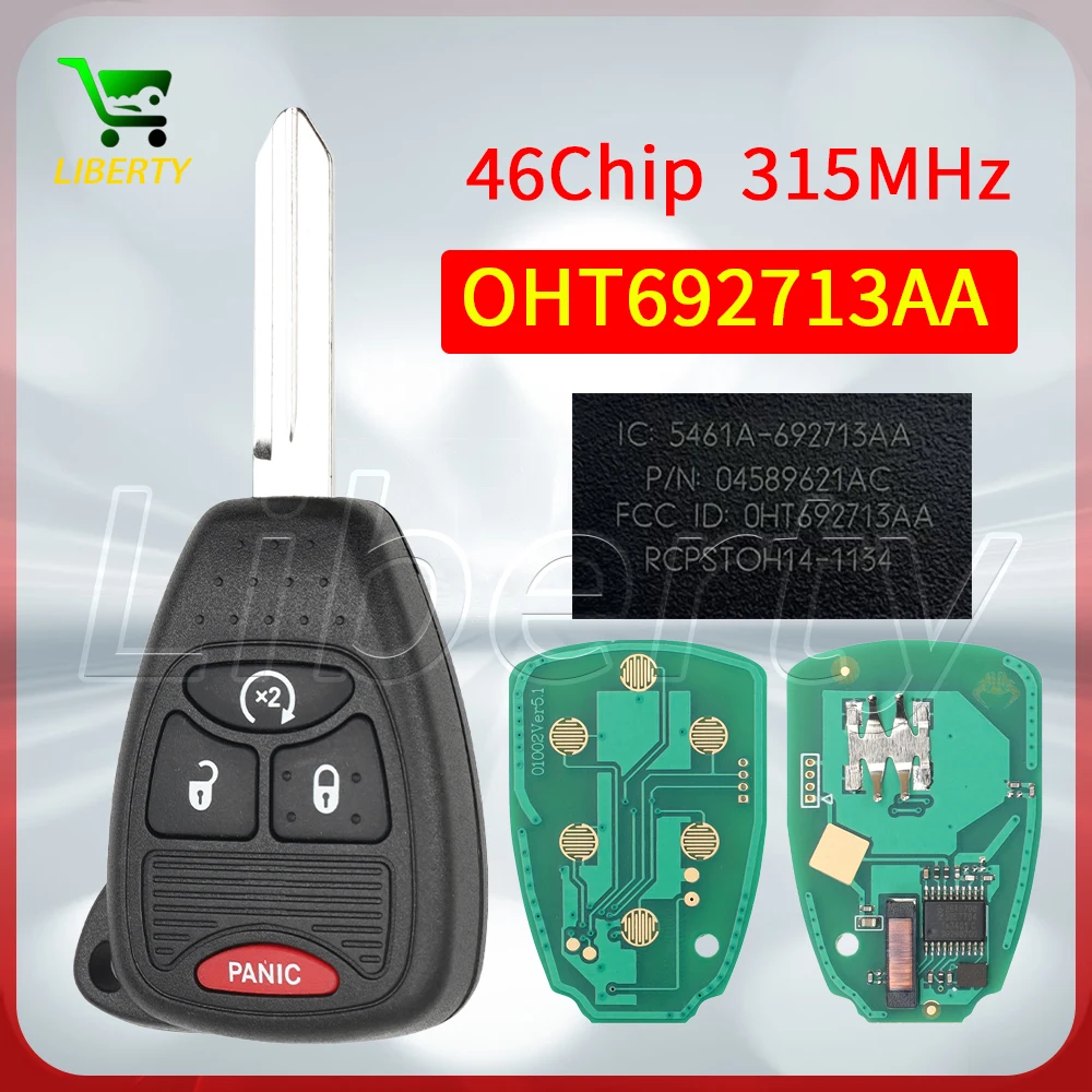 

Liberty OHT692713AA 4 Button Remote Head Key ID46Chip 315MHz for 2007-2018 Jeep Wrangler Compass Dodge Dakota Ram Chrysler Aspen
