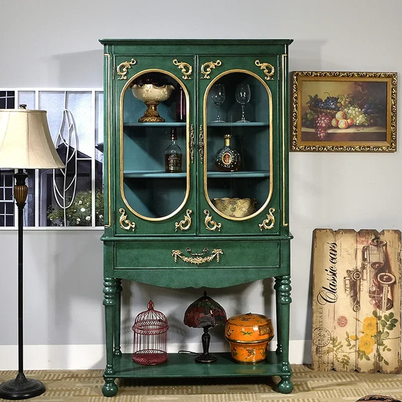

American solid wood dining side two-door bookcase, malachite green partition hall cabinet, cabinet locker