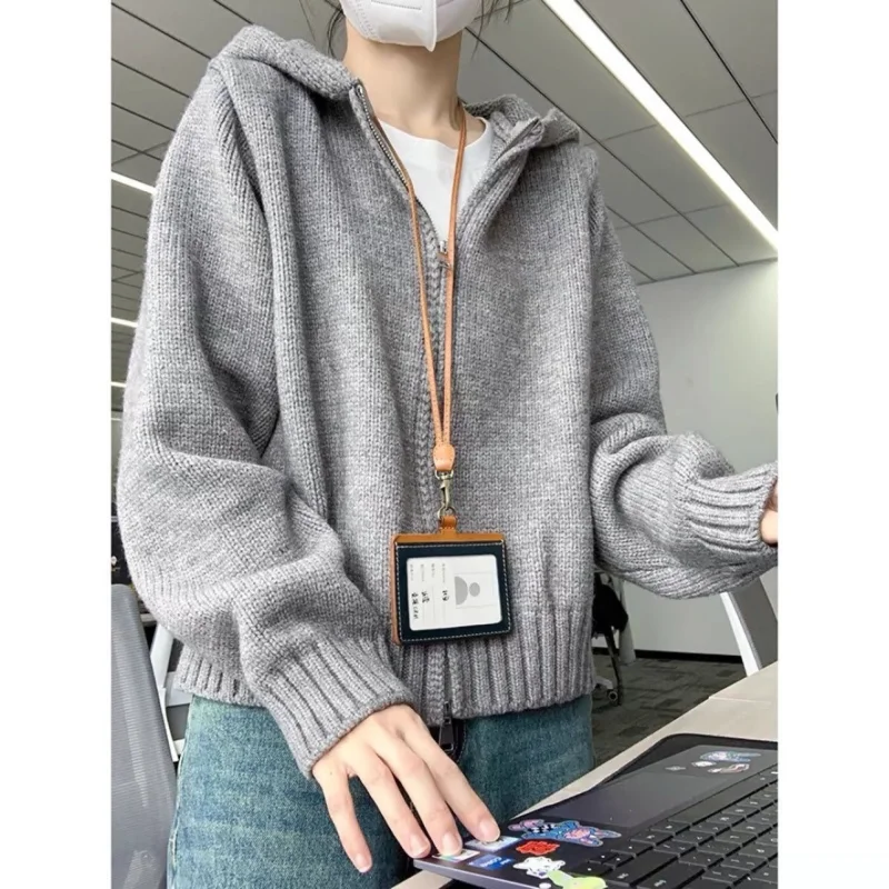 Korean Casual Womens Hooded Double Zipper Knit Cardigan Thick Short Winter Sweater