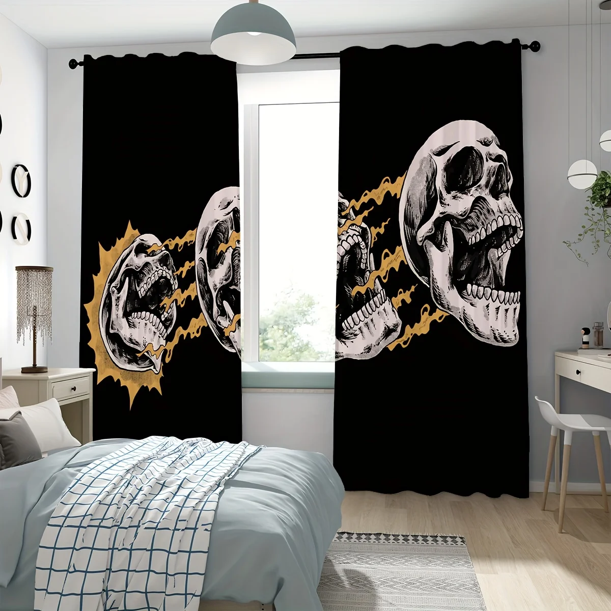 2pcs Skull Pattern Curtains Decorative Window Drapes Window Treatments For Bedroom Living Room Home Deco For Halloween Decor