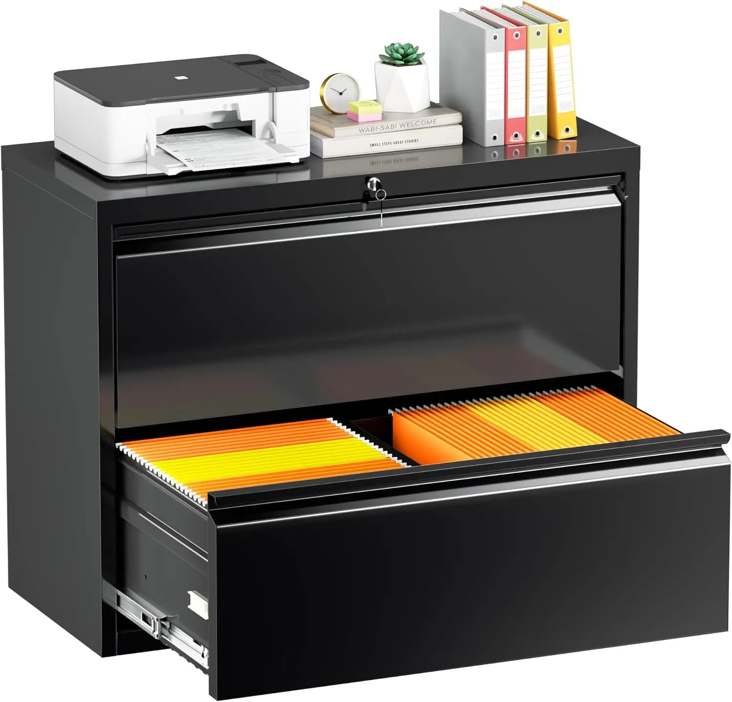 Lateral File Cabinet 2 Drawer Black, Metal 2 Drawer Filing Cabinet with Lock for Home Office, Locking File Cabinet