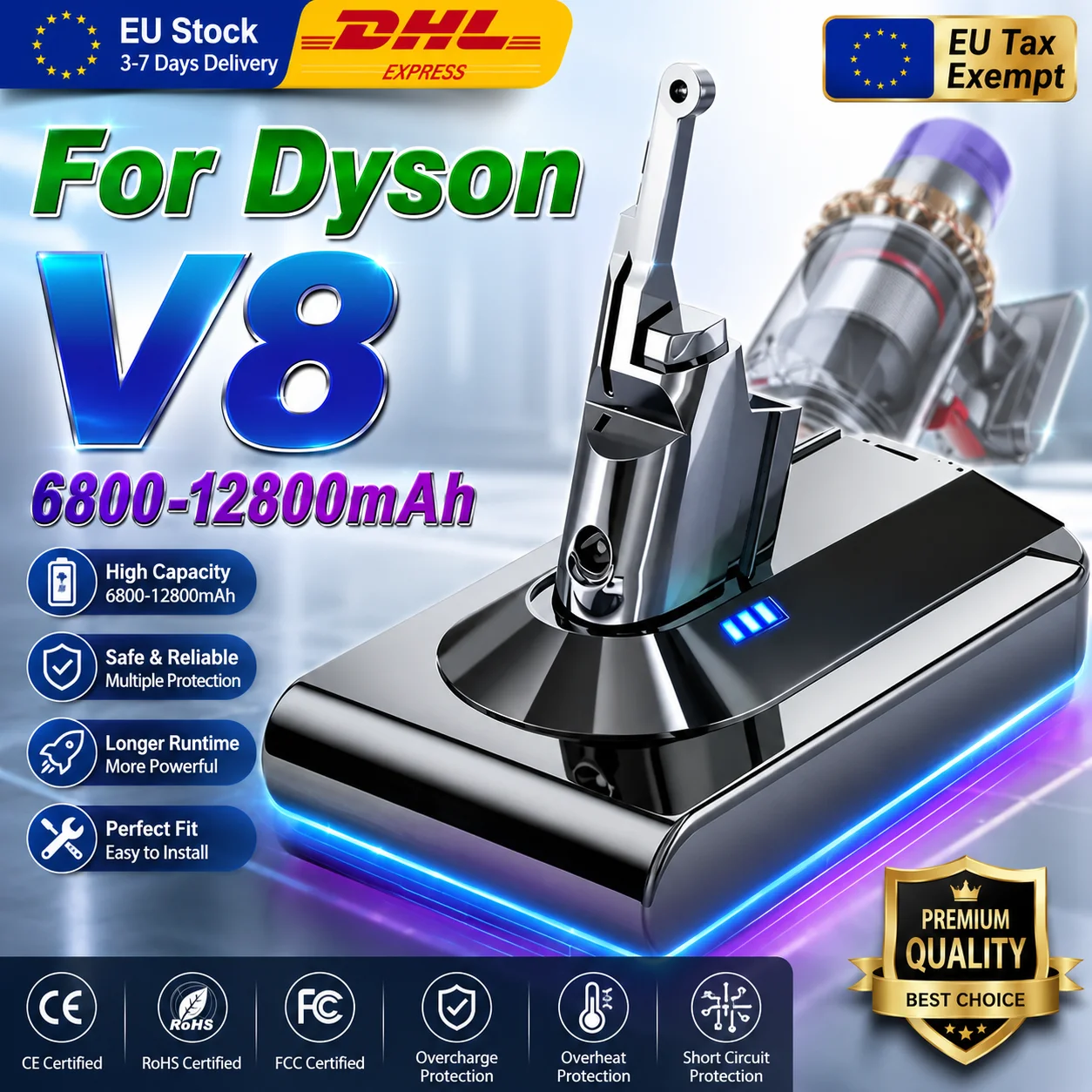 Batterie de remplacement Li-ion 9800mAh 21.6V, Compatible avec aspirateur Dyson V8 Absolute Fluffy Animal 18650, batterie Rechargeable