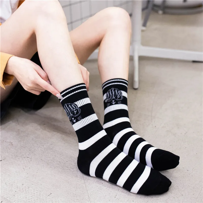 Kawaii Cartoon Cat Men And Women Socks Pure Cotton Black And White Cat Claw Harajuku Striped Simple Soft Fashion Funny Girl Sock