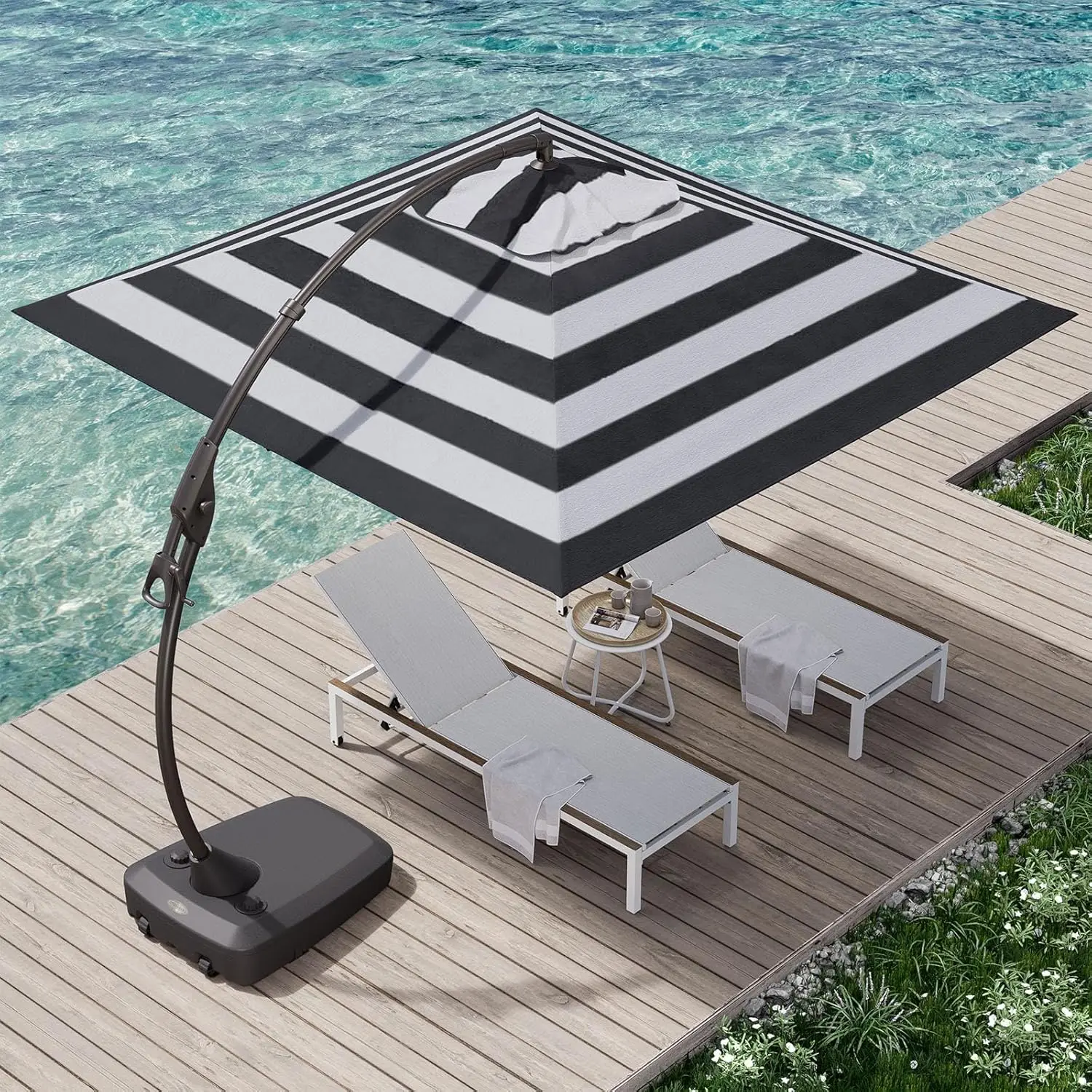 10'x10' Patio Offset Umbrella Aluminum Large Square Cantilever Umbrella with Base Included for Deck  (Black & White, 10x10 FT)