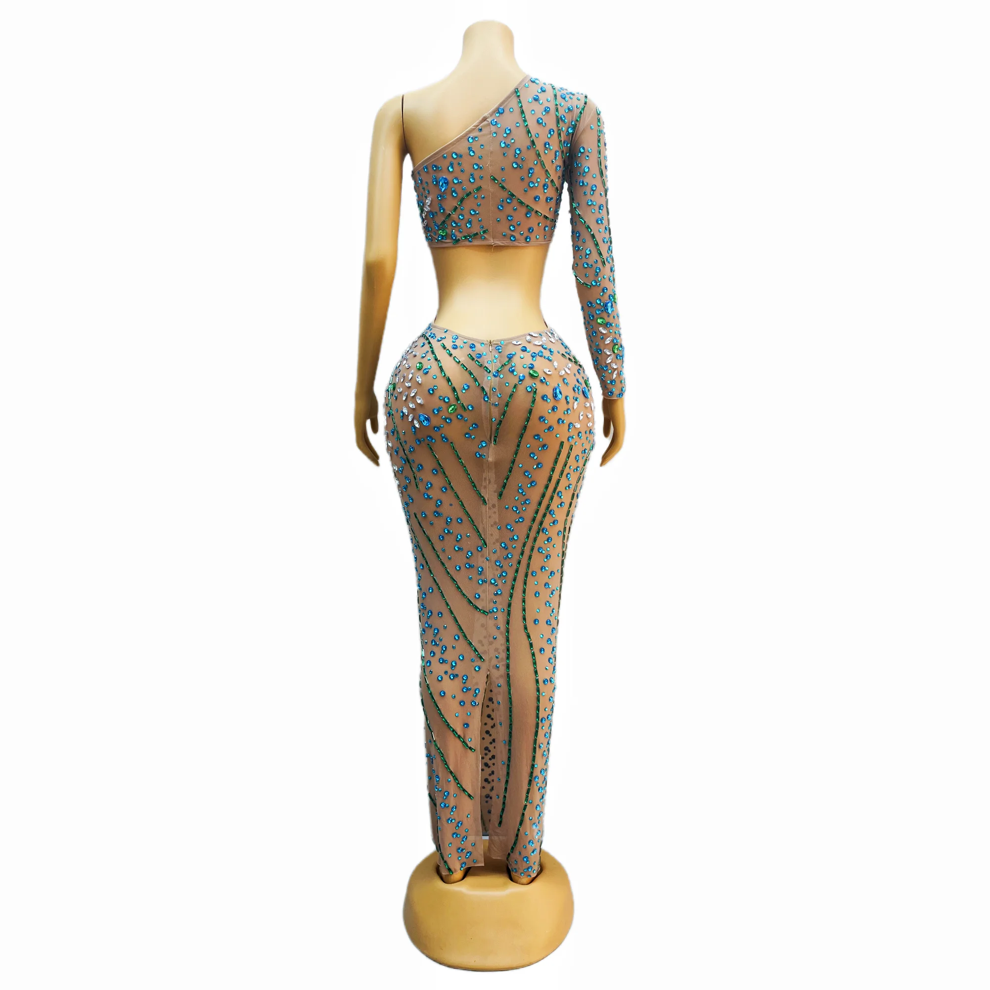 Blue Green Rhinestones Singel Sleeve Hollow Waist Dress Sexy Transparent Outfit Nightclub Birthday Party Collections lvcha