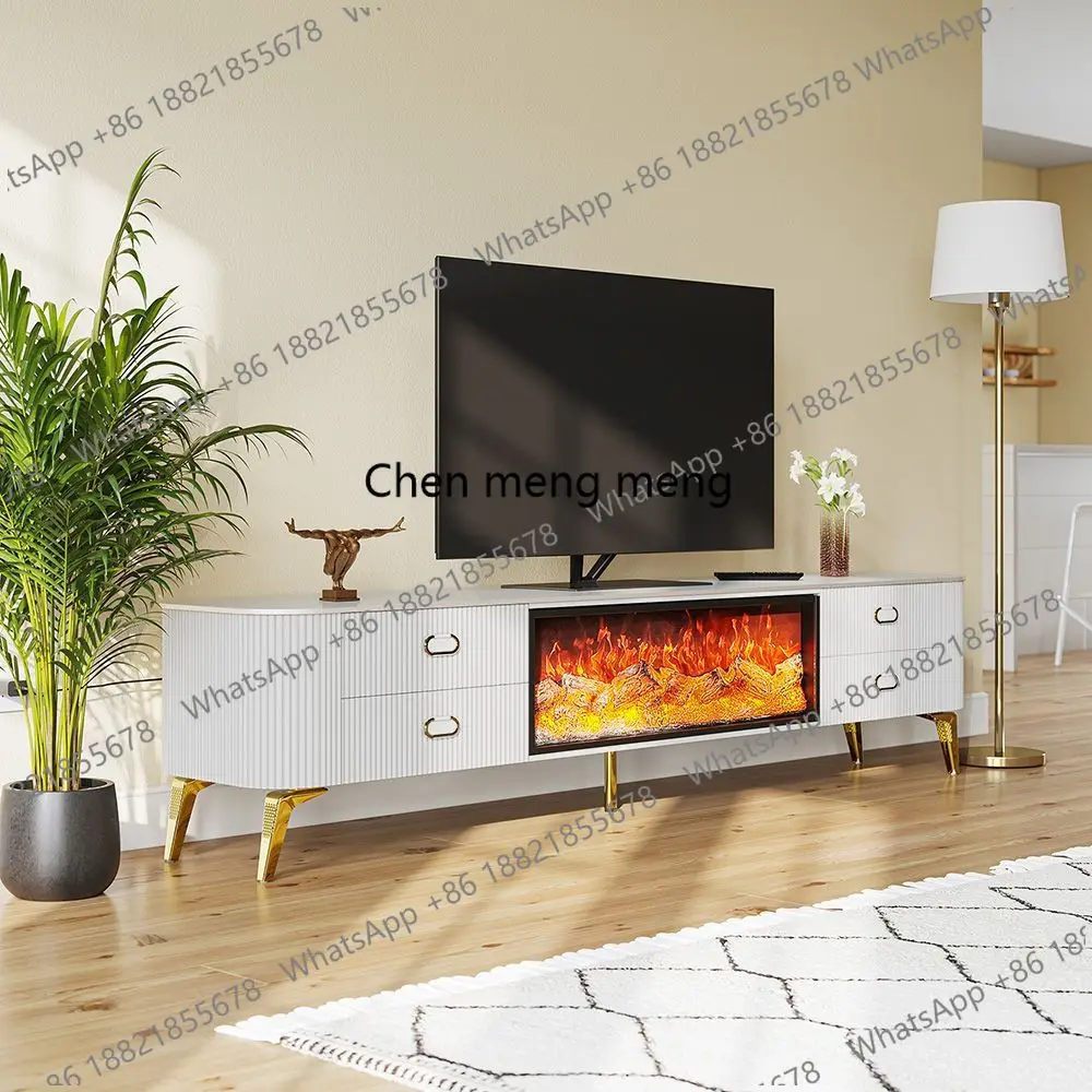Light luxury white fireplace TV cabinet 3D simulation flame embedded decorative floor counter display cabinet