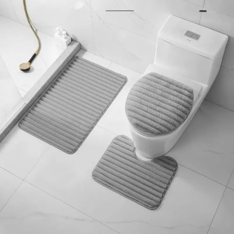 3Pcs Solid Color Bathroom Plush Floor Mat Set Non-slip Soft Absorbent Doormat for Home Bathroom Entryway Decor