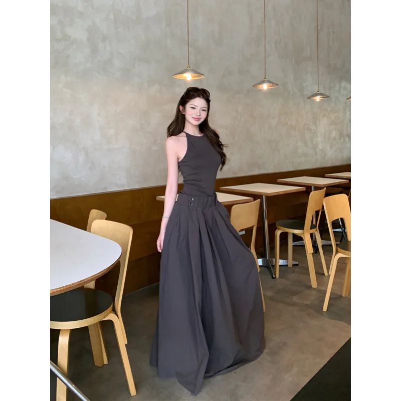 

Винтажное элегантное коричневое платье макси без рукавов с воротником-халтер для женщин, облегающее, с драпировкой, с завышенной талией, в стиле Харадзюку, повседневное, уличный шик