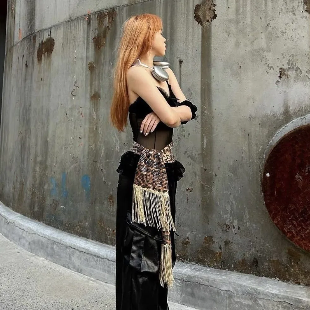 الترتر الجاز الرقص وشاح الورك الهيب هوب Y2K شرابات ليوبارد طباعة حزام قميص موسع طويل البضائع السراويل الخصر الفرقة الخصر اكسسوارات