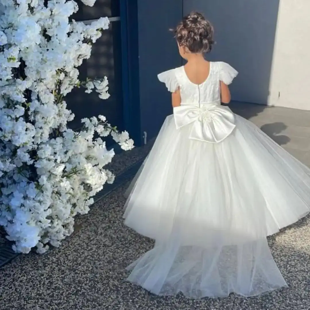 

Ivory Flower Girl Dresses Pageant Gown for Wedding With Bow Lace Princess Girl Birthday Party First Communion Gowns Customized