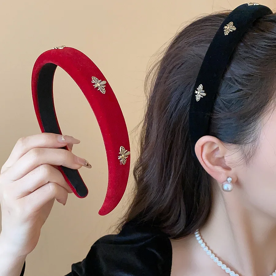 

Red Black Wide Bee Hairbands for Women Girls French Retro Simple Fabric Hair Hoops Trendy Daily Party Headband Accessories M