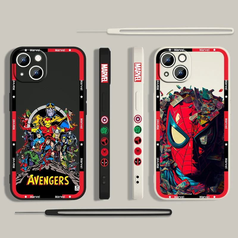 Coque de téléphone affiche Marvel Avengers pour Apple iPhone, 15, 14, 13, 12, 11 Pro Max Plus, 8, 7, SE Liquid Stores, Rope Capa Cover