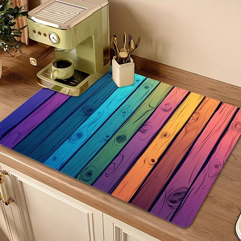 VIKAMA Retro Rainbow Wood Print Diatomite Draining Mat Super Absorbent Non Slip Coffee Maker Glass Counter Pad Kitchen Accessory