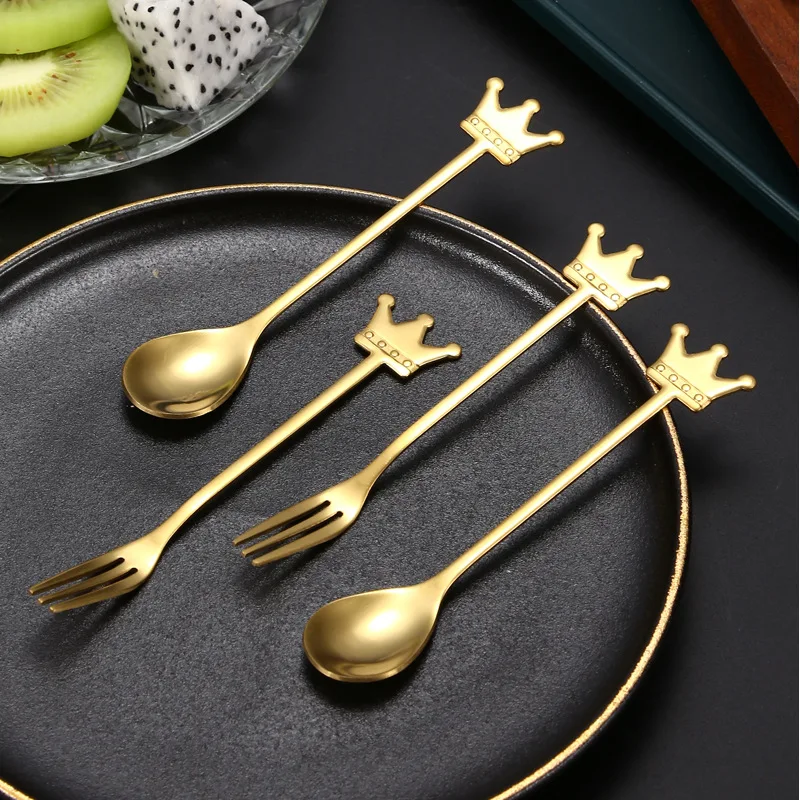 Golden Stainless Steel Dessert Spoon with Small Crown Fruit Fork Coffee Teaspoon Upscale Dinnerware Set Cutlery Gift Tableware