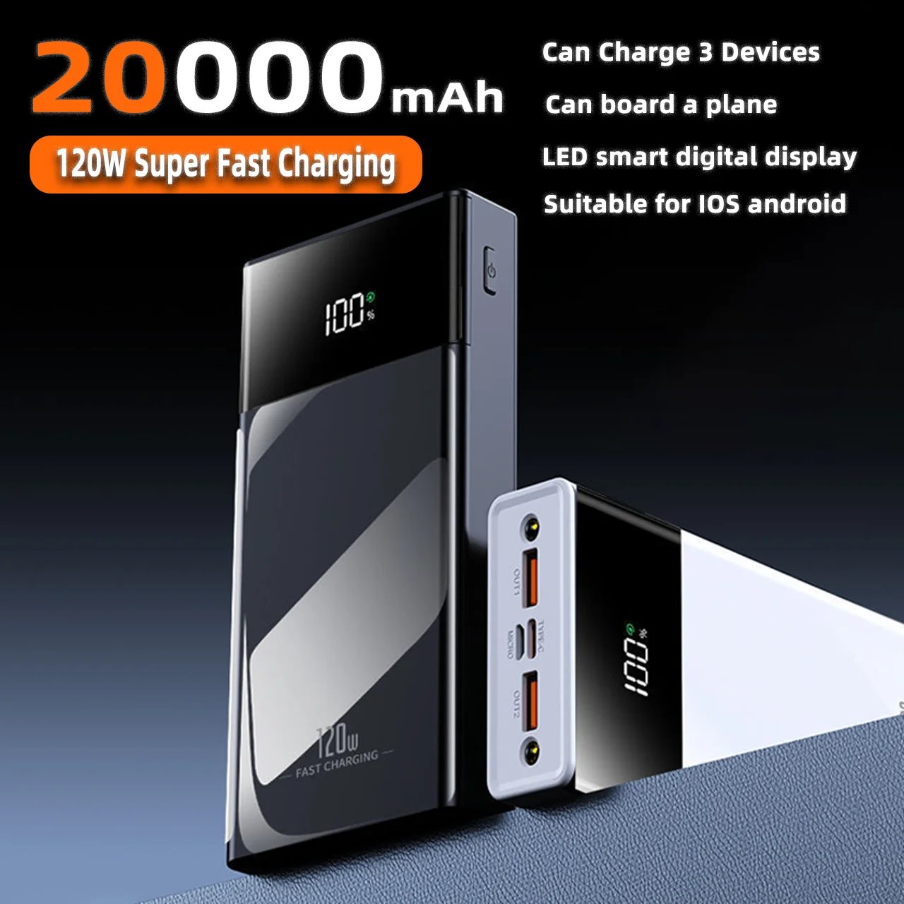 

Супербыстрый внешний аккумулятор 120 Вт, 20000 мАч, портативный, с интеллектуальным LED-дисплеем, для Xiaomi, iPhone, Samsung