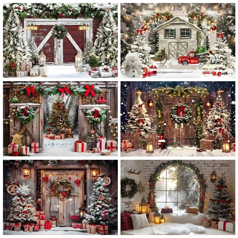 

Winter Christmas Rustic Barn Wood Door Photography Backdrop Xmas Tree Snow Background Banner Kids Party Decor Photo Studio Props