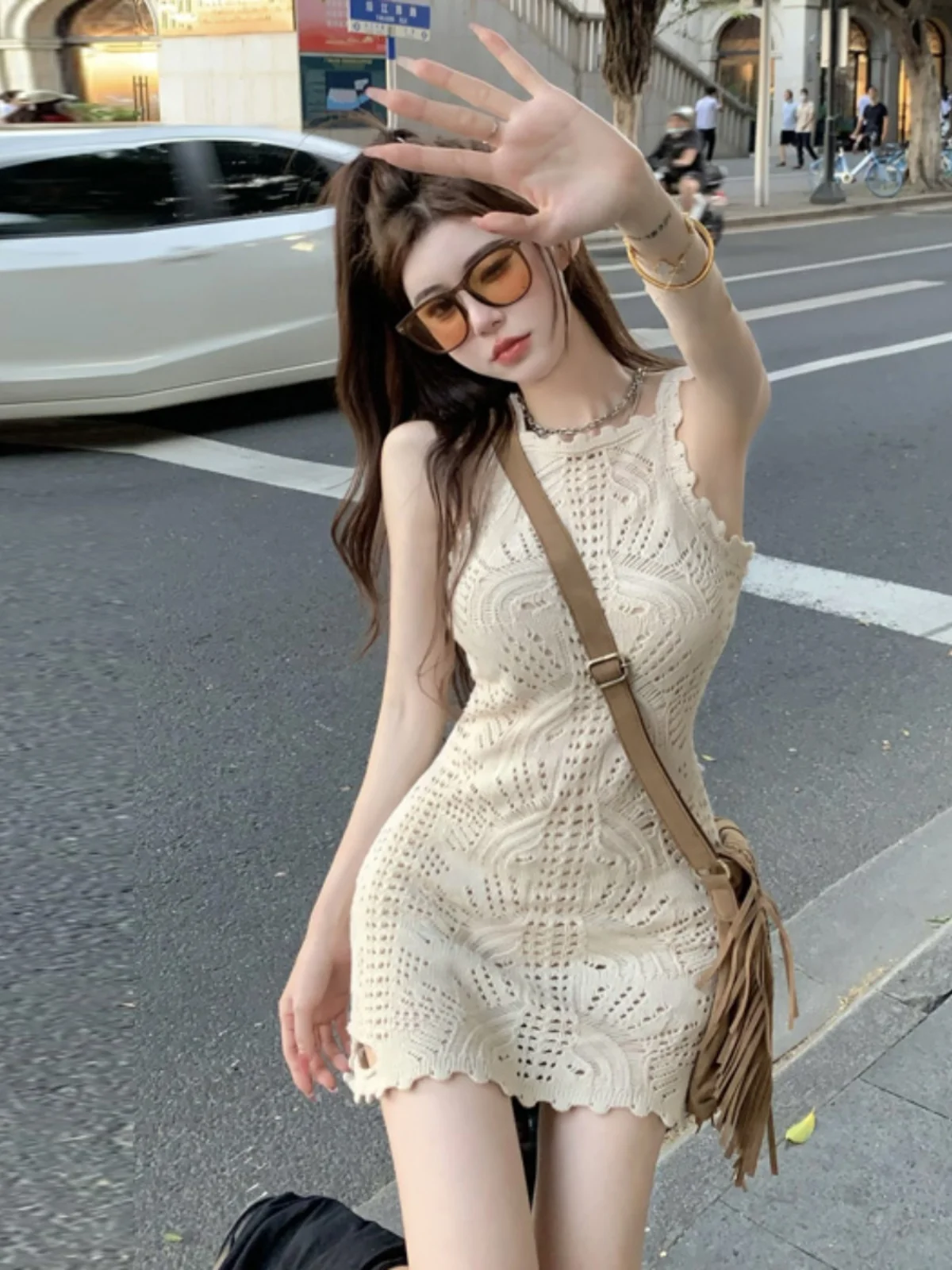 

Gege Home Summer Hot Spicy Girl round Neck Hollow out Knitted Wrap Body Dress Korean Style High Waist Polyester Spring Dress