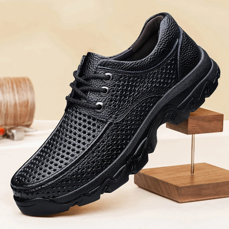 مقاس كبير 36 - 51 أحذية جلدية للرجال قابلة للتنفس، بطانة شتوية دافئة مضادة للتصادم، أحذية عمل غير قابلة للانزلاق