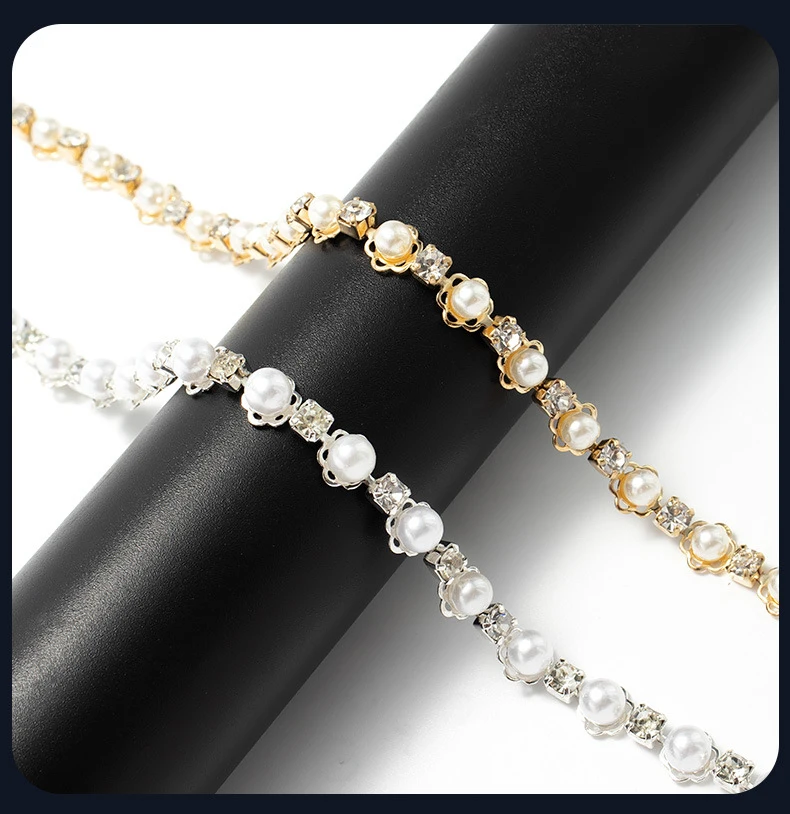 10 Yards Strasskette Kristalldiamant Kleidungsaccessoire mit eingelegten Perlen Strassband DIY Bastelzubehör Partygeschenke Dekoration – Detail 2