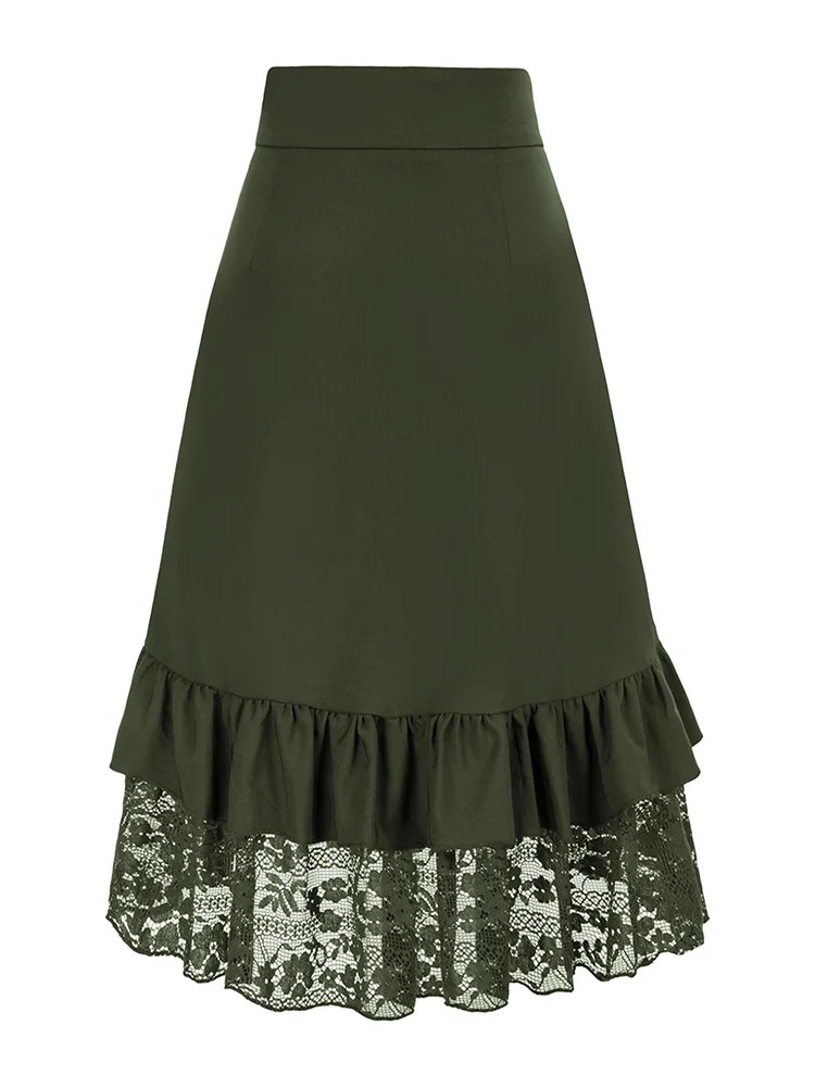 Fashionable Gothic-style skirt with lace trim and ruffles, solid color pirate skirt