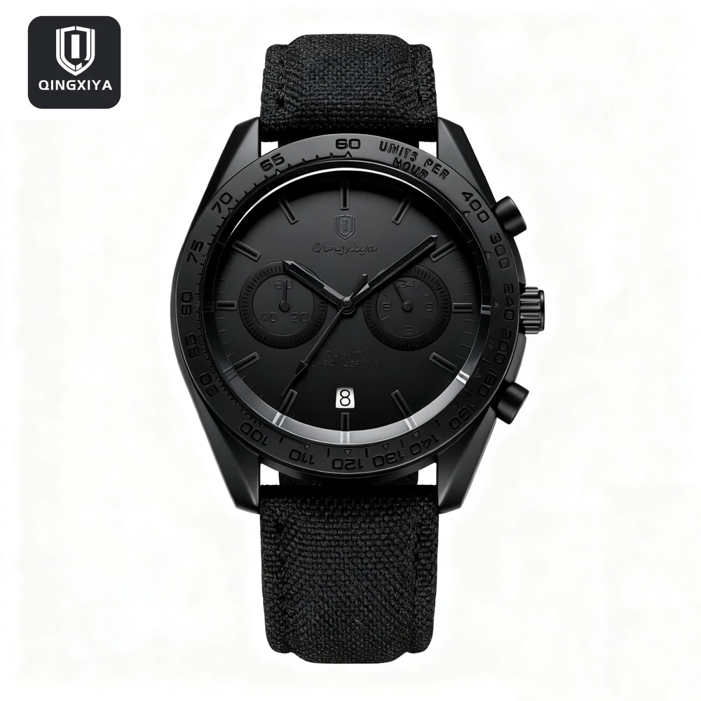 QINGXIYA Brand Men Watch Multifunctional Chronograph Casual Sports Leather Original Quartz Watch Date Business Watch for Men